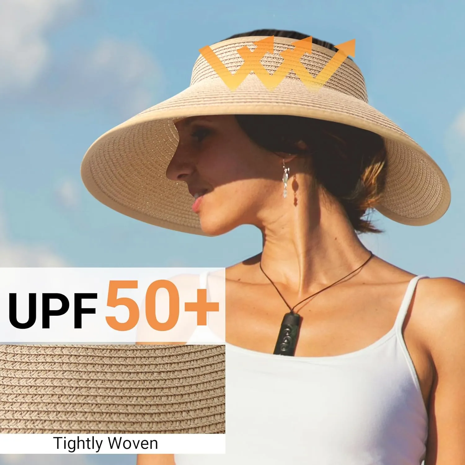 PFFY Sun Hats for Women Straw Beach Hat Packable Foldable Wide Brim Ponytail Travel Visor