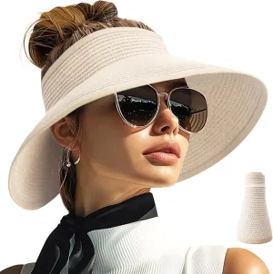 PFFY Sun Hats for Women Straw Beach Hat Packable Foldable Wide Brim Ponytail Travel Visor