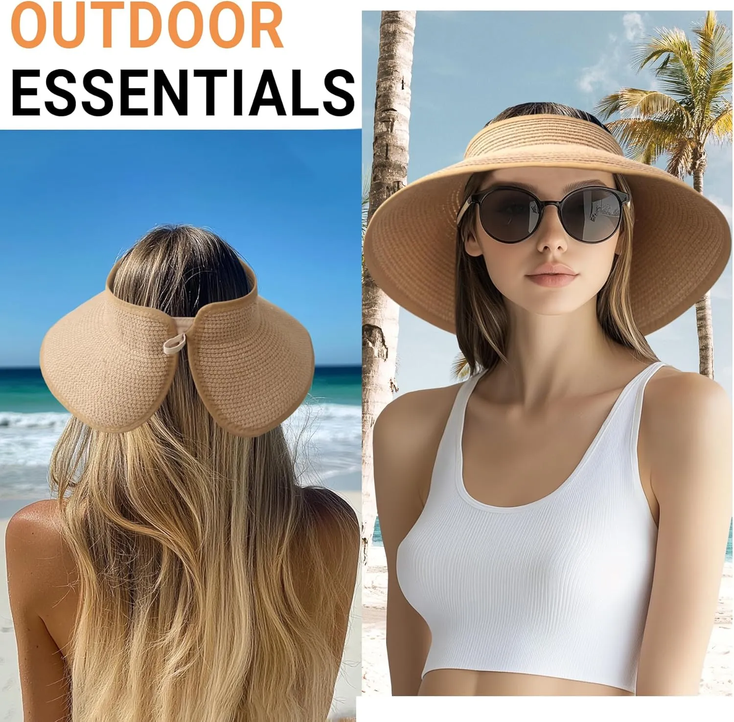 PFFY Sun Hats for Women Straw Beach Hat Packable Foldable Wide Brim Ponytail Travel Visor