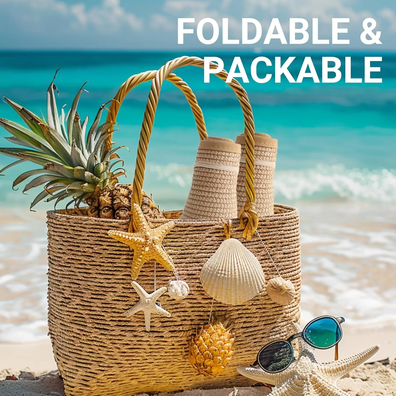 PFFY Sun Hats for Women Straw Beach Hat Packable Foldable Wide Brim Ponytail Travel Visor