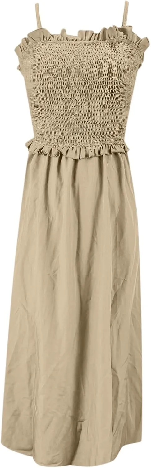 Pleated Halter Dress for Women A Line Casual Loose Solid Dress Spaghetti Strap Summer Beach Vacation