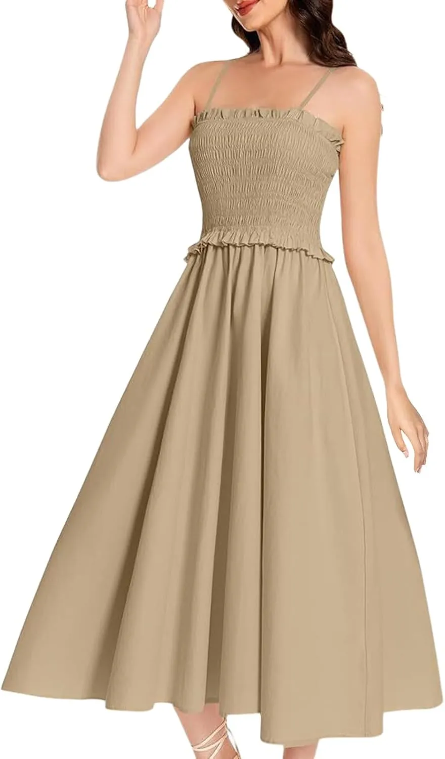 Pleated Halter Dress for Women A Line Casual Loose Solid Dress Spaghetti Strap Summer Beach Vacation