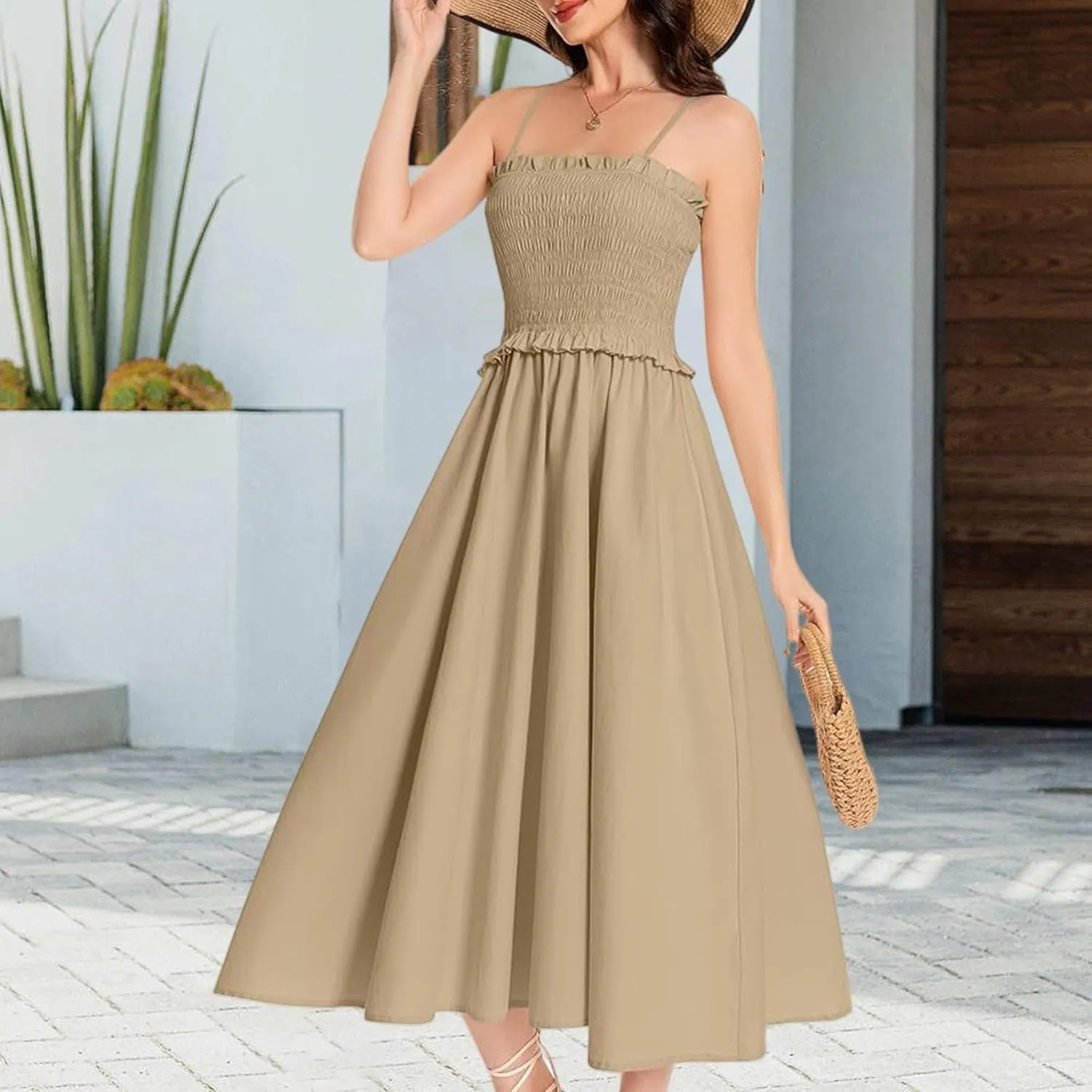 Pleated Halter Dress for Women A Line Casual Loose Solid Dress Spaghetti Strap Summer Beach Vacation