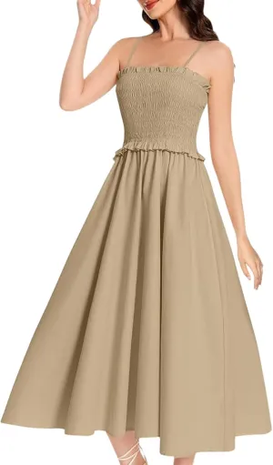 Pleated Halter Dress for Women A Line Casual Loose Solid Dress Spaghetti Strap Summer Beach Vacation