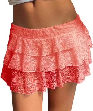 Pleated Skirts for Women Low Rise Lace Mesh Ruffle Hem A-Line Y2K Sexy Mini Skirts for Girls Fashion Trendy Streetwear