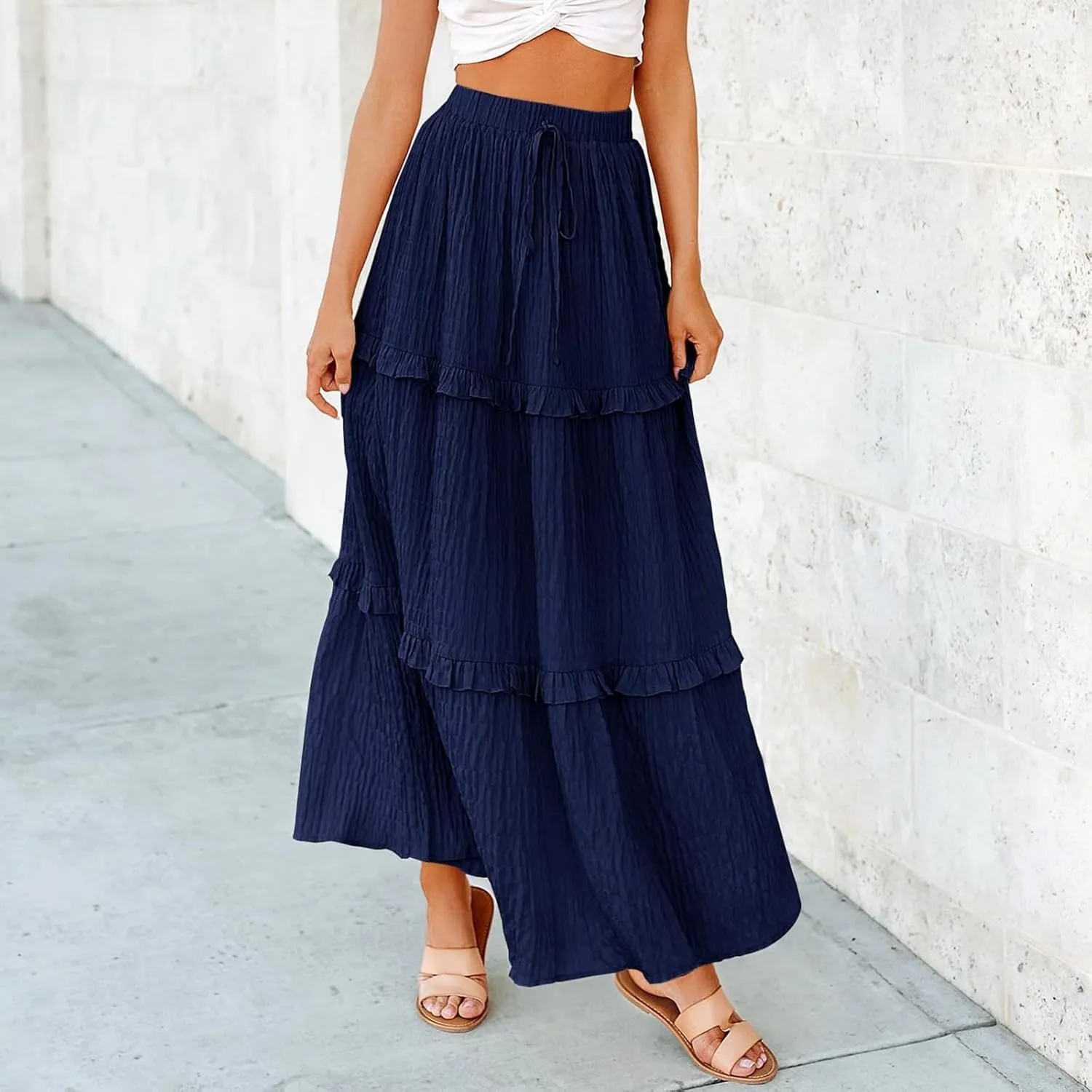 Pleated Skirts for Women Summer Boho Flowy Swing Ruffle Tiered A-Line Drawstring Elastic Waist Long Midi Skirt Dress