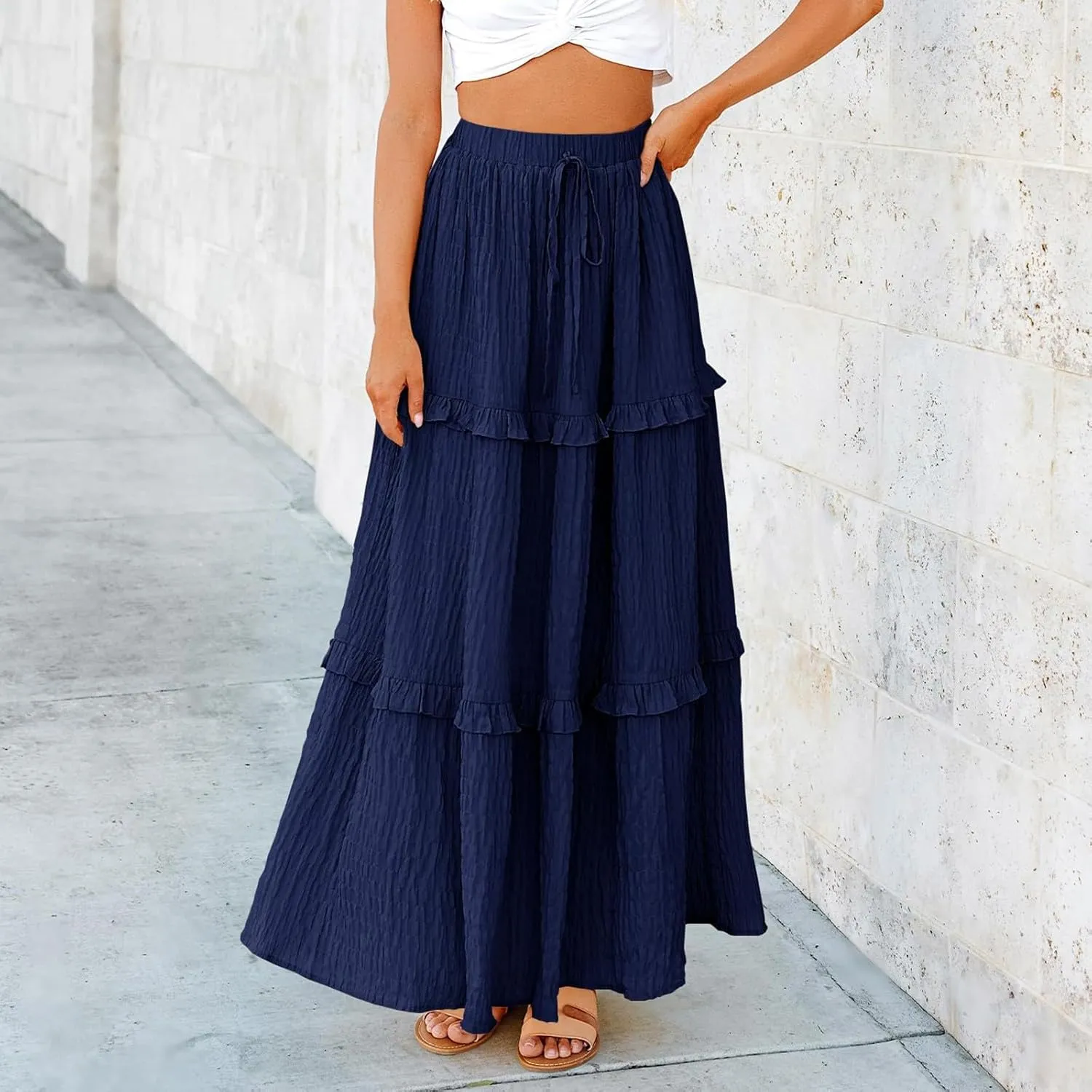 Pleated Skirts for Women Summer Boho Flowy Swing Ruffle Tiered A-Line Drawstring Elastic Waist Long Midi Skirt Dress