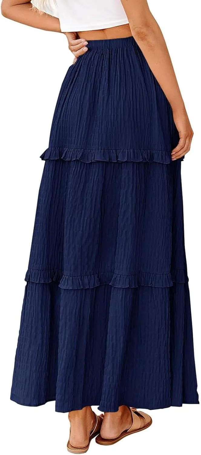 Pleated Skirts for Women Summer Boho Flowy Swing Ruffle Tiered A-Line Drawstring Elastic Waist Long Midi Skirt Dress