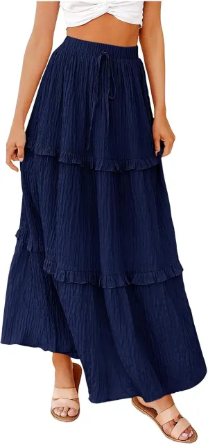 Pleated Skirts for Women Summer Boho Flowy Swing Ruffle Tiered A-Line Drawstring Elastic Waist Long Midi Skirt Dress