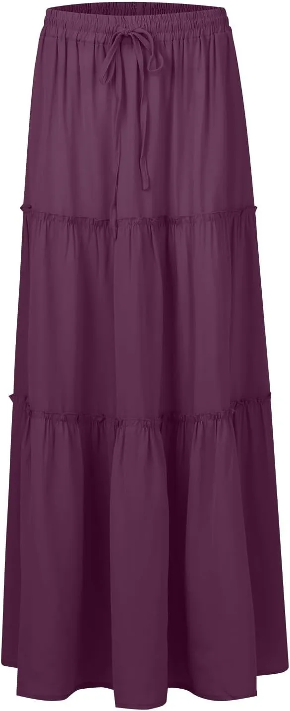 Pleated Skirts for Women Trendy Flowy Maxi Skirts Drawstring Elastic High Waisted Skirts Casual Tiered Ruffle Skirt