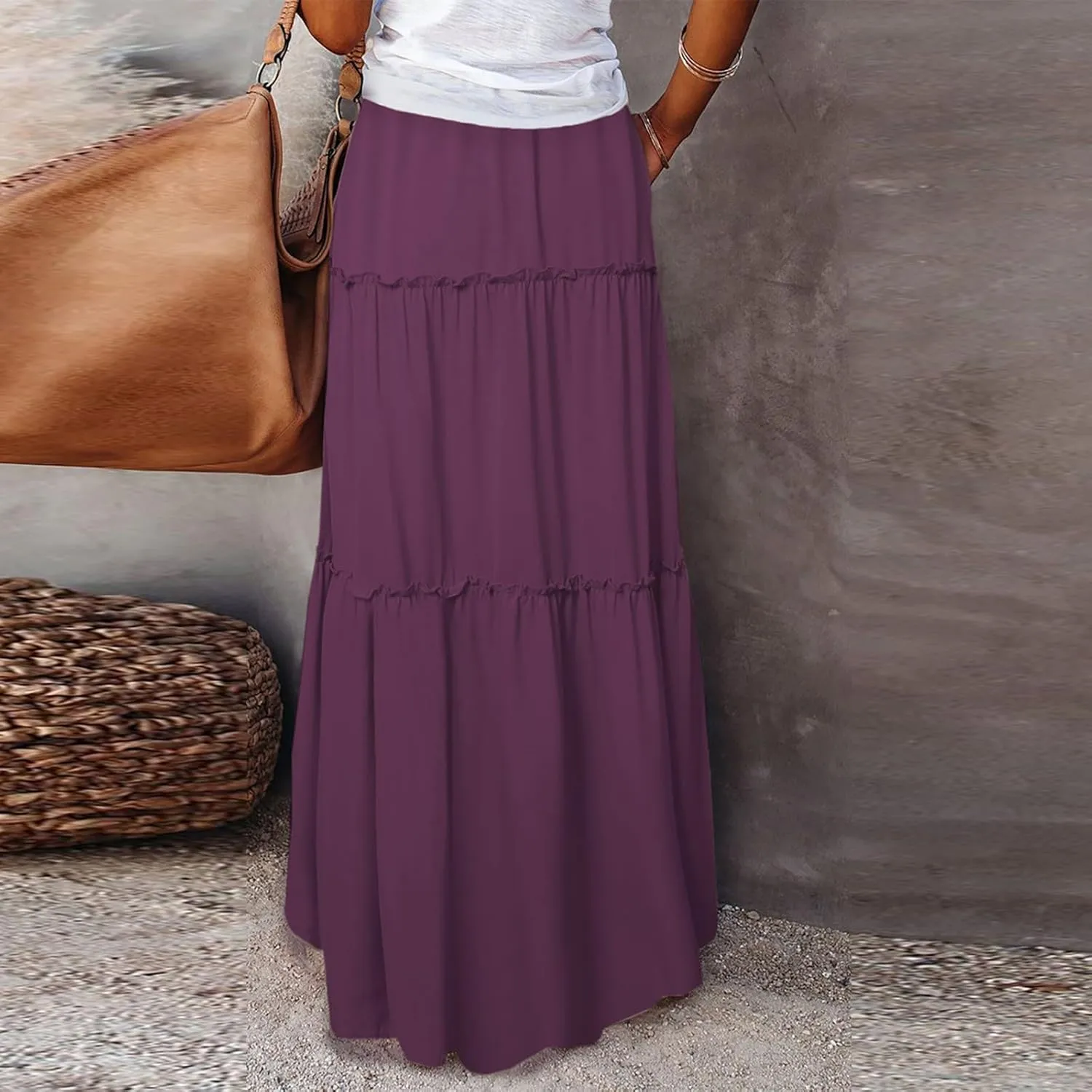 Pleated Skirts for Women Trendy Flowy Maxi Skirts Drawstring Elastic High Waisted Skirts Casual Tiered Ruffle Skirt