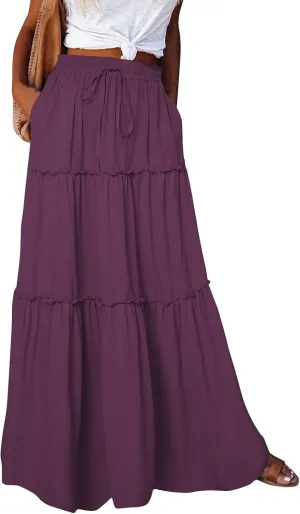 Pleated Skirts for Women Trendy Flowy Maxi Skirts Drawstring Elastic High Waisted Skirts Casual Tiered Ruffle Skirt