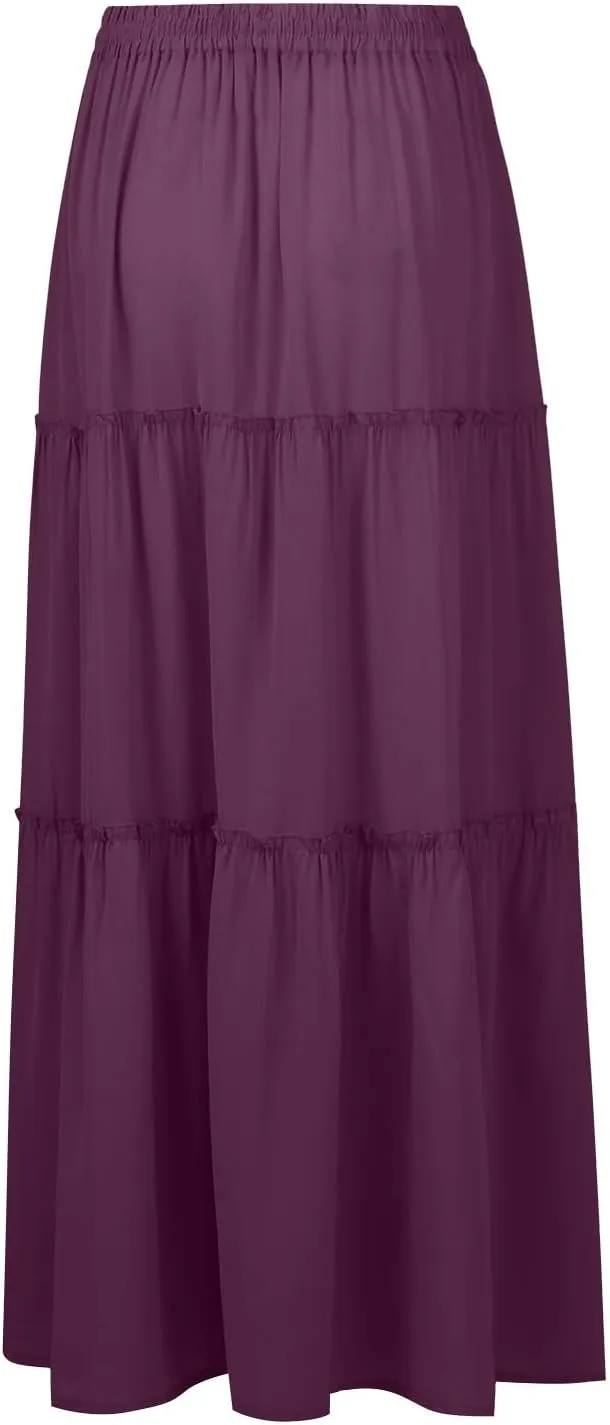 Pleated Skirts for Women Trendy Flowy Maxi Skirts Drawstring Elastic High Waisted Skirts Casual Tiered Ruffle Skirt