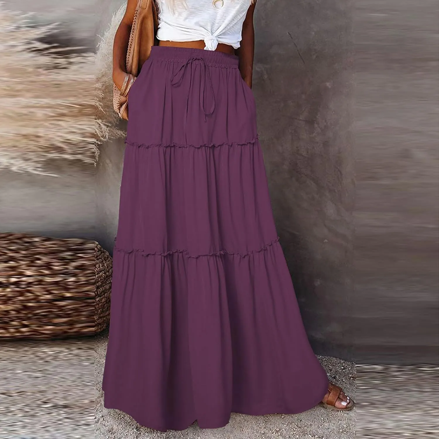 Pleated Skirts for Women Trendy Flowy Maxi Skirts Drawstring Elastic High Waisted Skirts Casual Tiered Ruffle Skirt