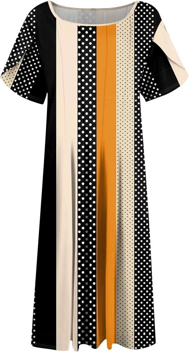 Plus Size Maxi Dress for Women 2025 Short Sleeve Casual Summer Print Round Neck Loose Sundress XL-3XL
