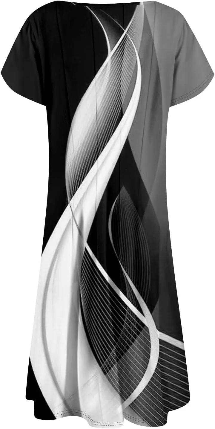 Plus Size Maxi Dress for Women 2025 Short Sleeve Casual Summer Print Round Neck Loose Sundress XL-3XL