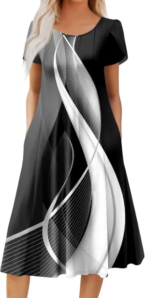 Plus Size Maxi Dress for Women 2025 Short Sleeve Casual Summer Print Round Neck Loose Sundress XL-3XL