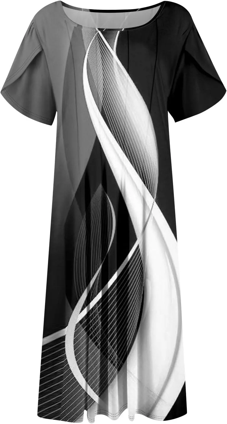 Plus Size Maxi Dress for Women 2025 Short Sleeve Casual Summer Print Round Neck Loose Sundress XL-3XL