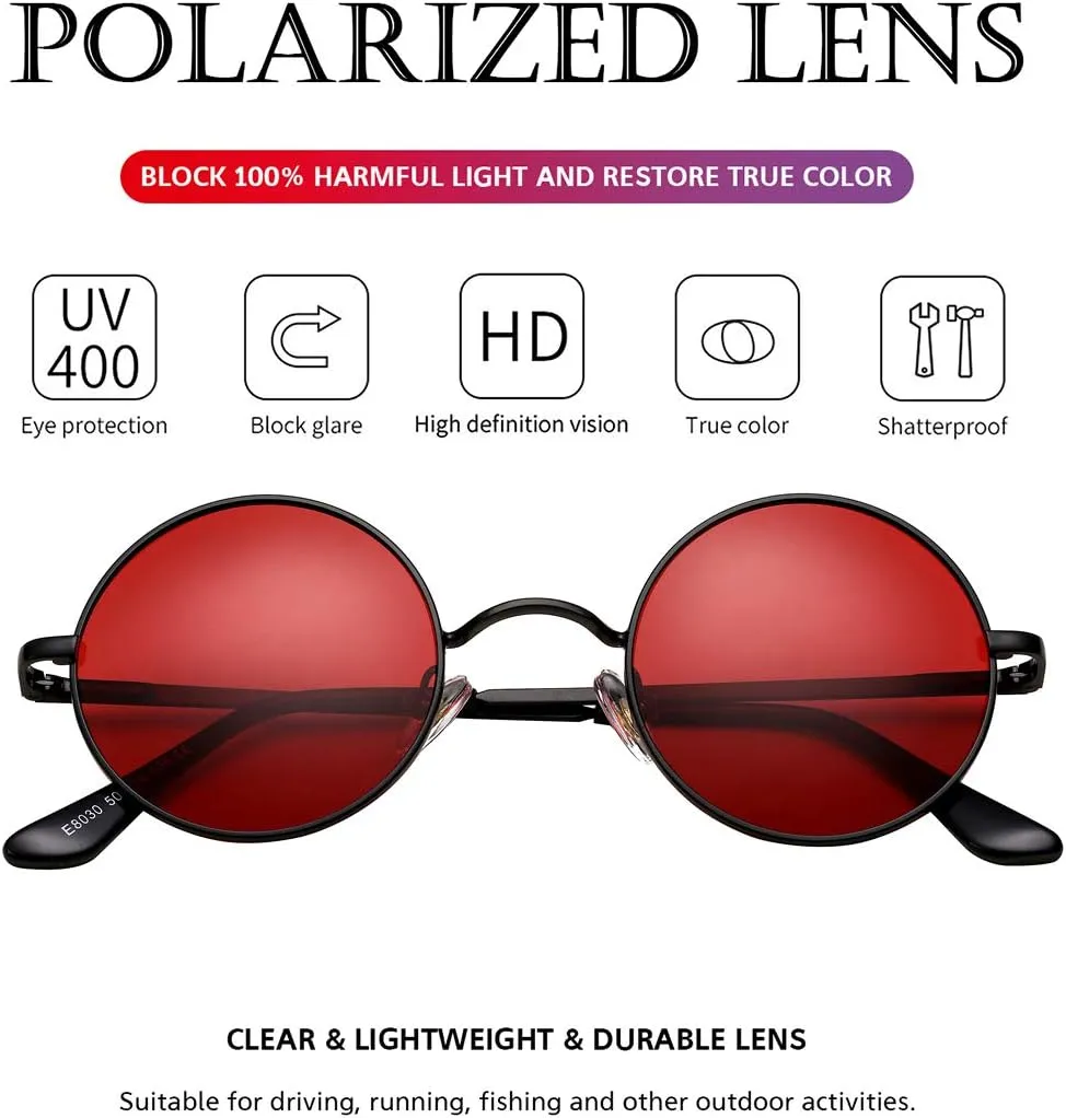 PORADAY Classic Circle Glasses Retro Round Polarized Sunglasses Hippie Style Small Rounded Sun Shades