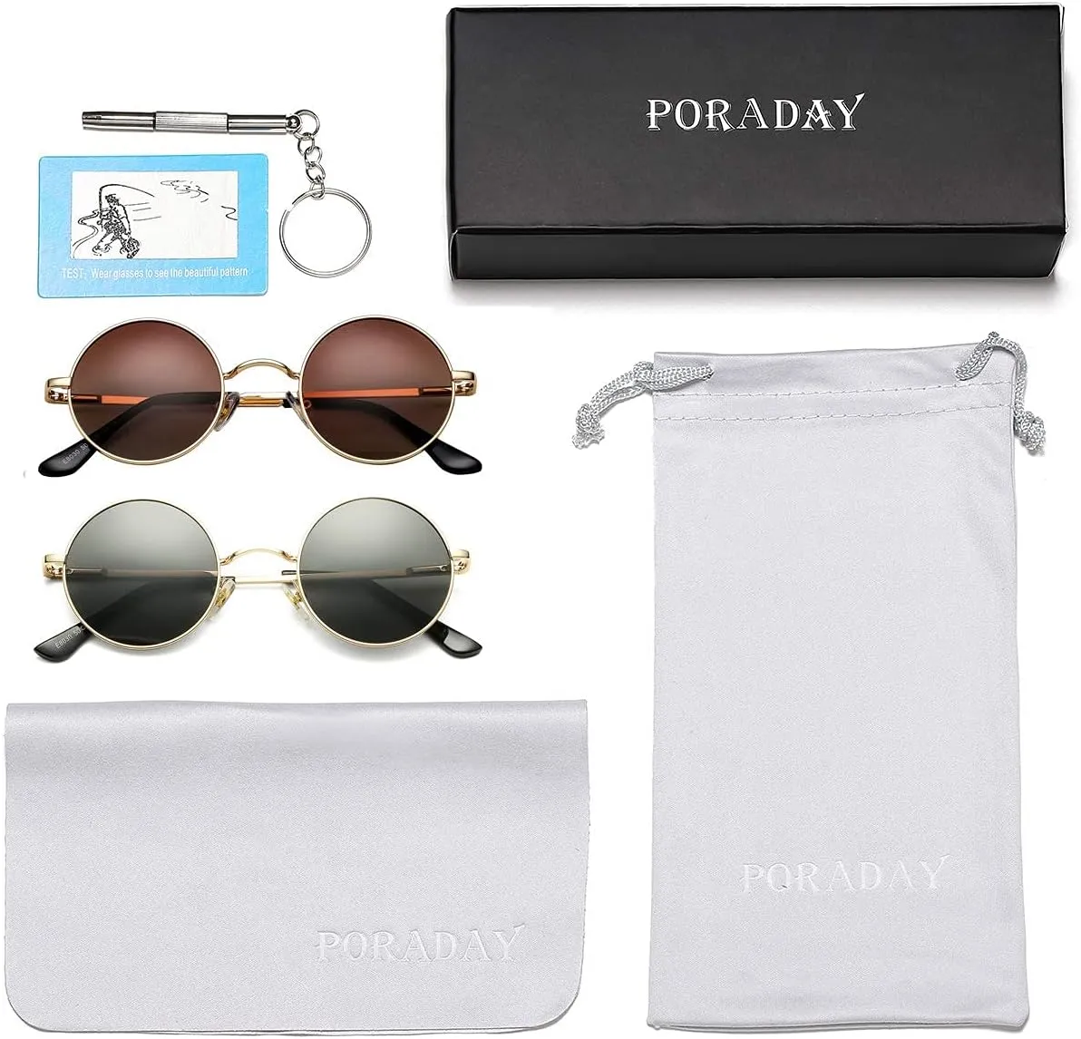 PORADAY Classic Circle Glasses Retro Round Polarized Sunglasses Hippie Style Small Rounded Sun Shades