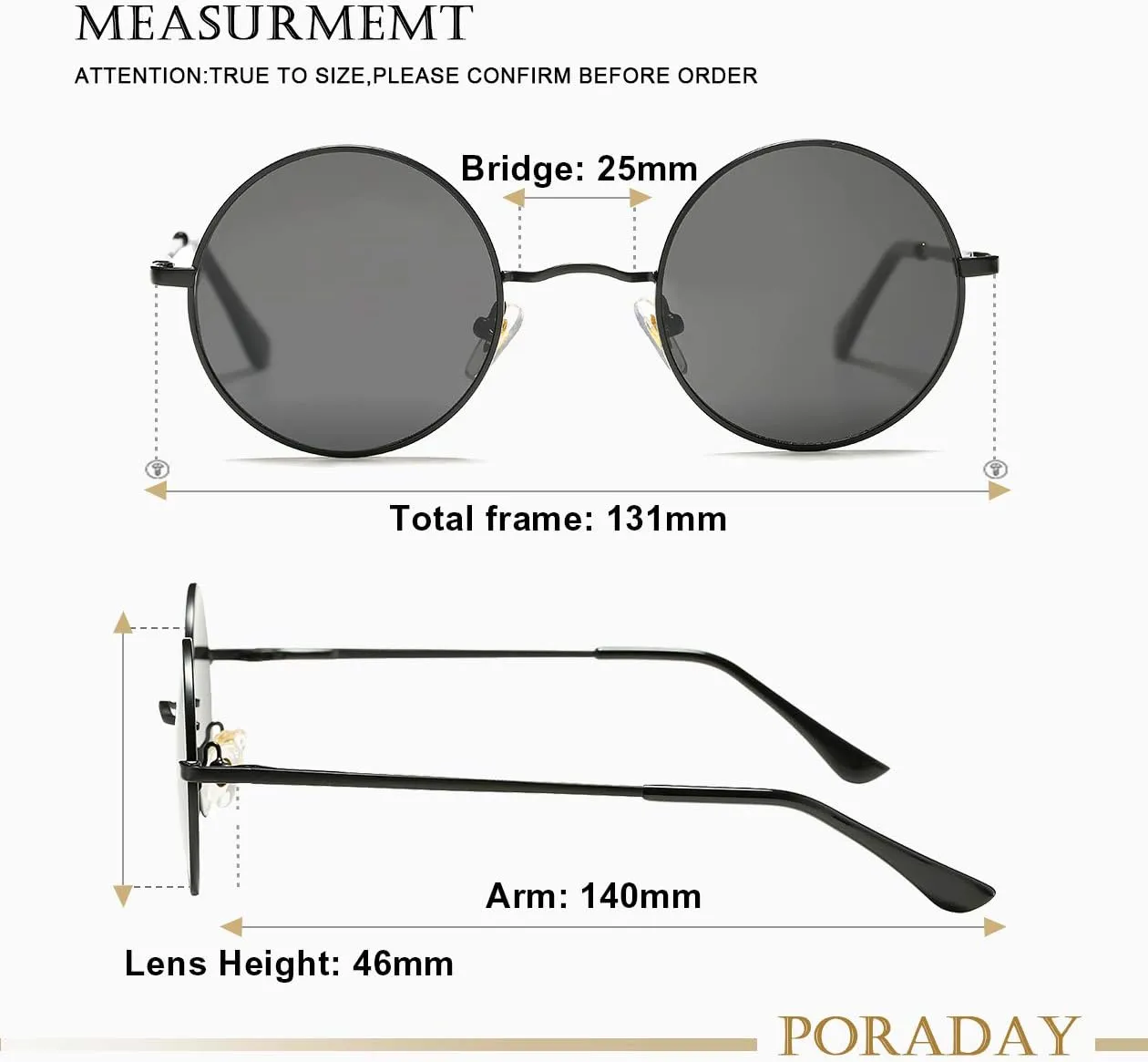 PORADAY Classic Circle Glasses Retro Round Polarized Sunglasses Hippie Style Small Rounded Sun Shades