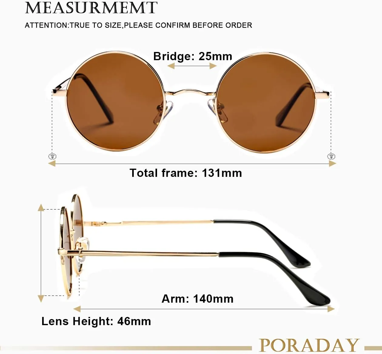 PORADAY Classic Circle Glasses Retro Round Polarized Sunglasses Hippie Style Small Rounded Sun Shades