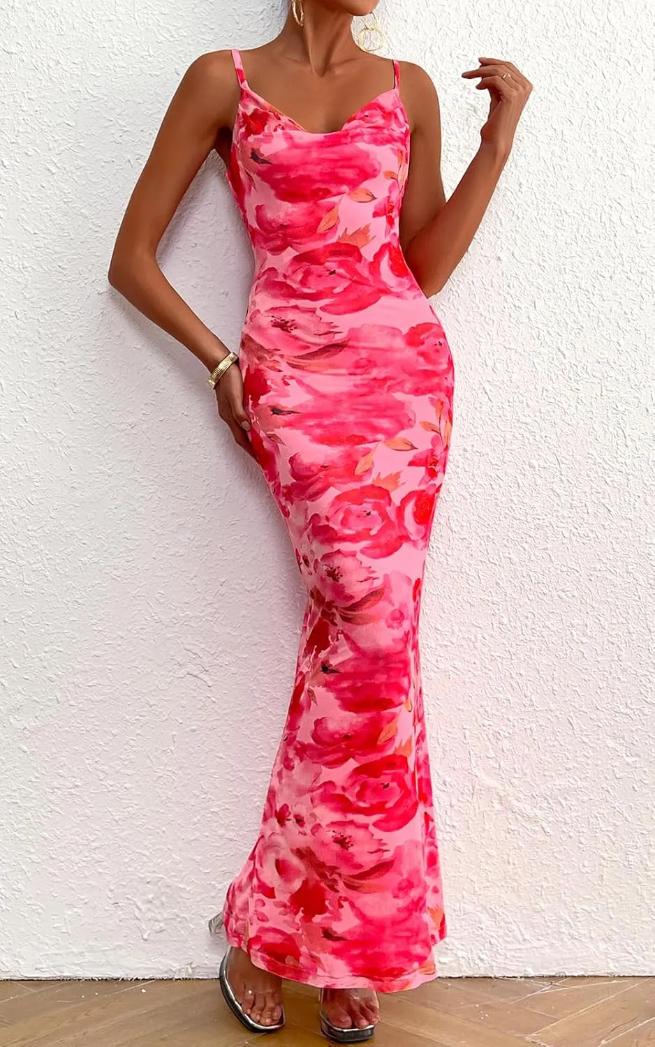 PRETTYGARDEN Women's 2025 Summer Floral Spaghetti Strap Maxi Dress Stretch Sexy Bodycon Dress Backless Slip Long Dresses