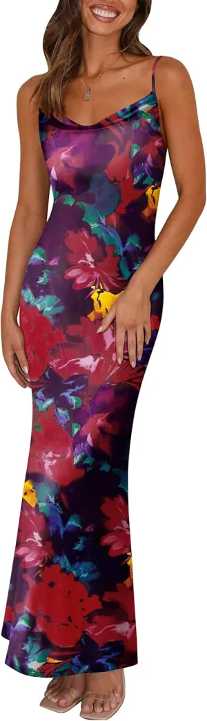 PRETTYGARDEN Women's 2025 Summer Floral Spaghetti Strap Maxi Dress Stretch Sexy Bodycon Dress Backless Slip Long Dresses