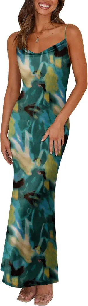 PRETTYGARDEN Women's 2025 Summer Floral Spaghetti Strap Maxi Dress Stretch Sexy Bodycon Dress Backless Slip Long Dresses