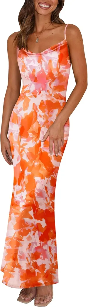 PRETTYGARDEN Women's 2025 Summer Floral Spaghetti Strap Maxi Dress Stretch Sexy Bodycon Dress Backless Slip Long Dresses