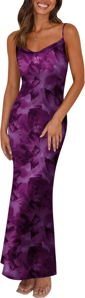 PRETTYGARDEN Women's 2025 Summer Floral Spaghetti Strap Maxi Dress Stretch Sexy Bodycon Dress Backless Slip Long Dresses