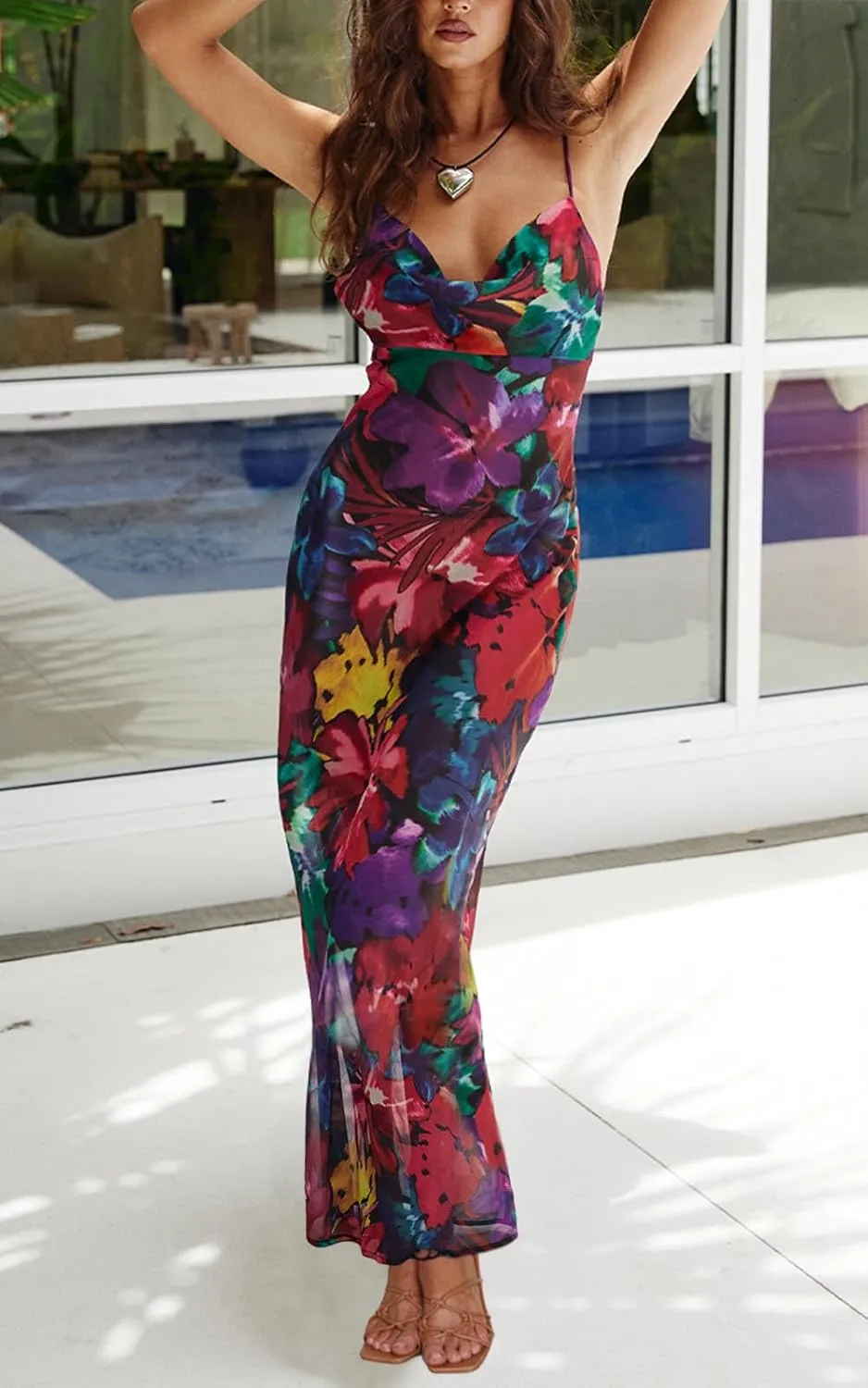 PRETTYGARDEN Women's 2025 Summer Floral Spaghetti Strap Maxi Dress Stretch Sexy Bodycon Dress Backless Slip Long Dresses