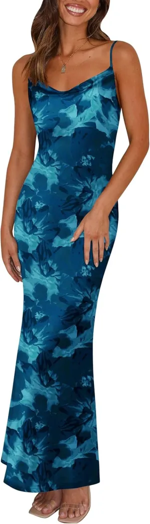 PRETTYGARDEN Women's 2025 Summer Floral Spaghetti Strap Maxi Dress Stretch Sexy Bodycon Dress Backless Slip Long Dresses