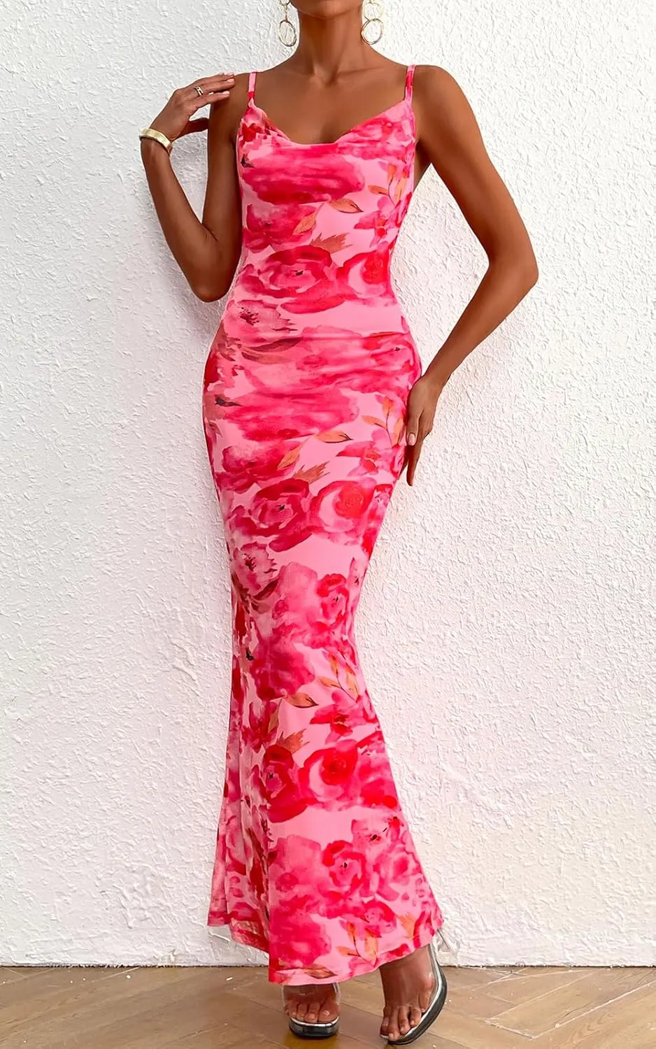 PRETTYGARDEN Women's 2025 Summer Floral Spaghetti Strap Maxi Dress Stretch Sexy Bodycon Dress Backless Slip Long Dresses