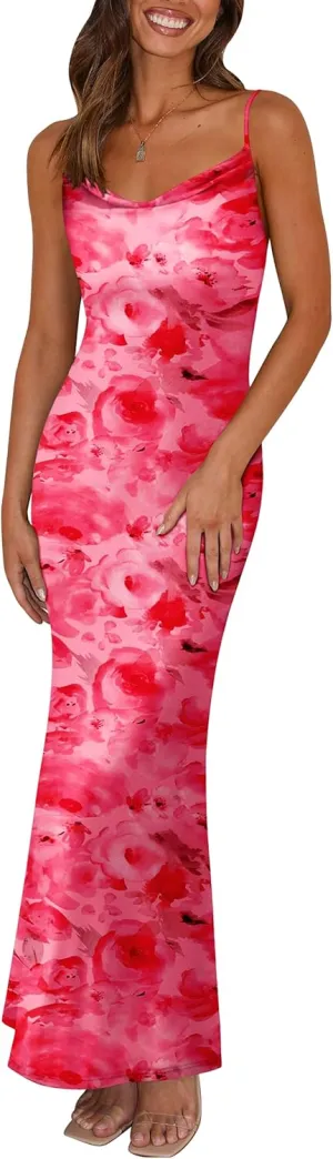 PRETTYGARDEN Women's 2025 Summer Floral Spaghetti Strap Maxi Dress Stretch Sexy Bodycon Dress Backless Slip Long Dresses