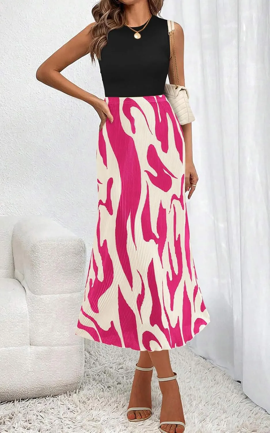 PRETTYGARDEN Women's 2025 Summer High Waist Graphic Print A Line Pleated Long Skirts for Women Trendy Plisse Midi Skirt