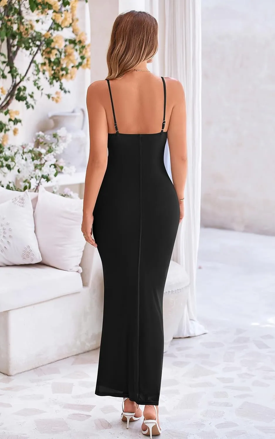 PRETTYGARDEN Women's 2025 Summer Maxi Dress Spaghetti Strap Mesh Slip Bodycon Dress Cowl Neck Cocktail Party Long Dresses