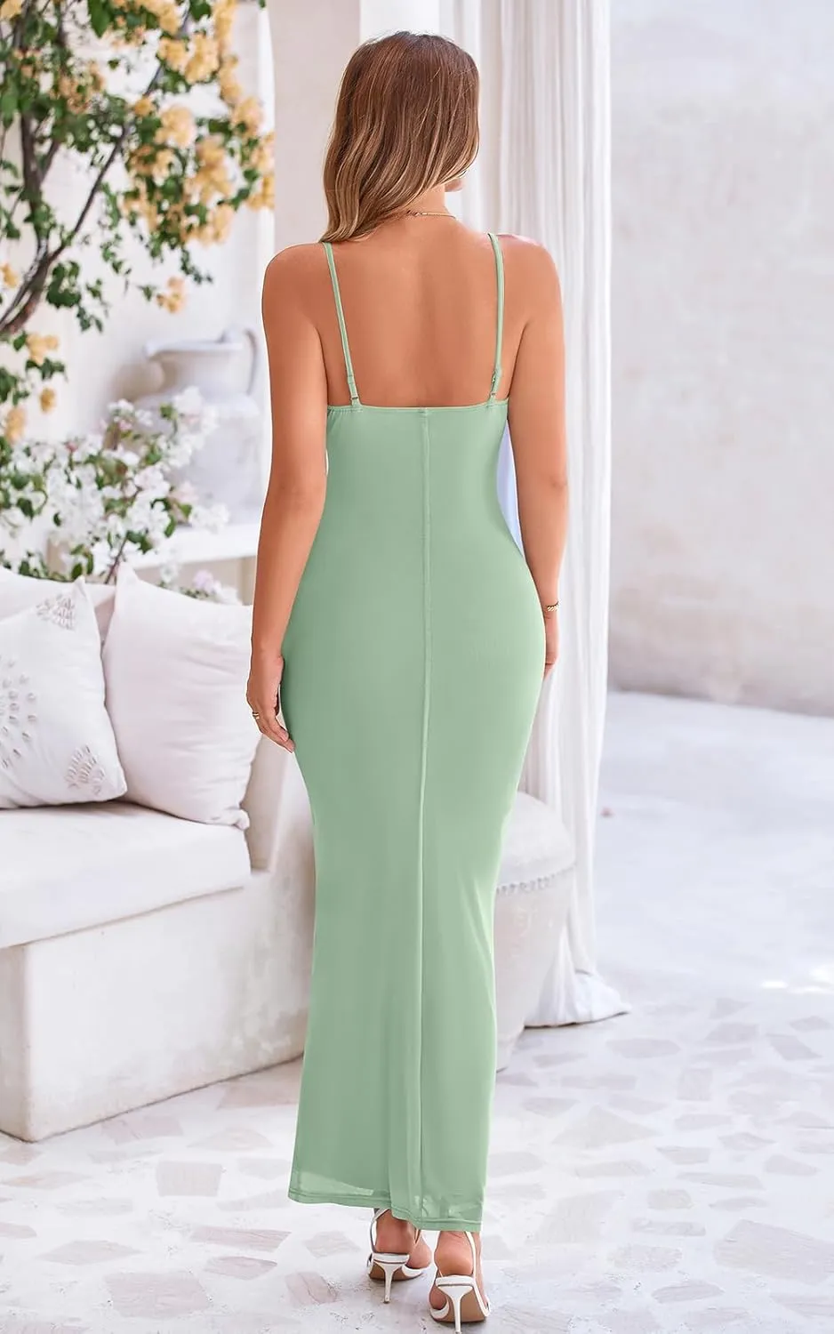 PRETTYGARDEN Women's 2025 Summer Maxi Dress Spaghetti Strap Mesh Slip Bodycon Dress Cowl Neck Cocktail Party Long Dresses