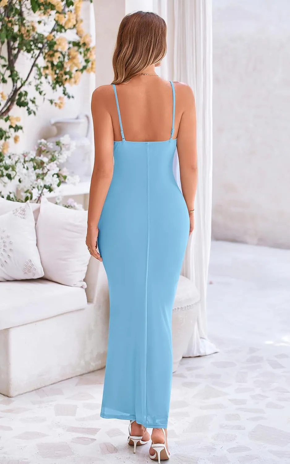 PRETTYGARDEN Women's 2025 Summer Maxi Dress Spaghetti Strap Mesh Slip Bodycon Dress Cowl Neck Cocktail Party Long Dresses