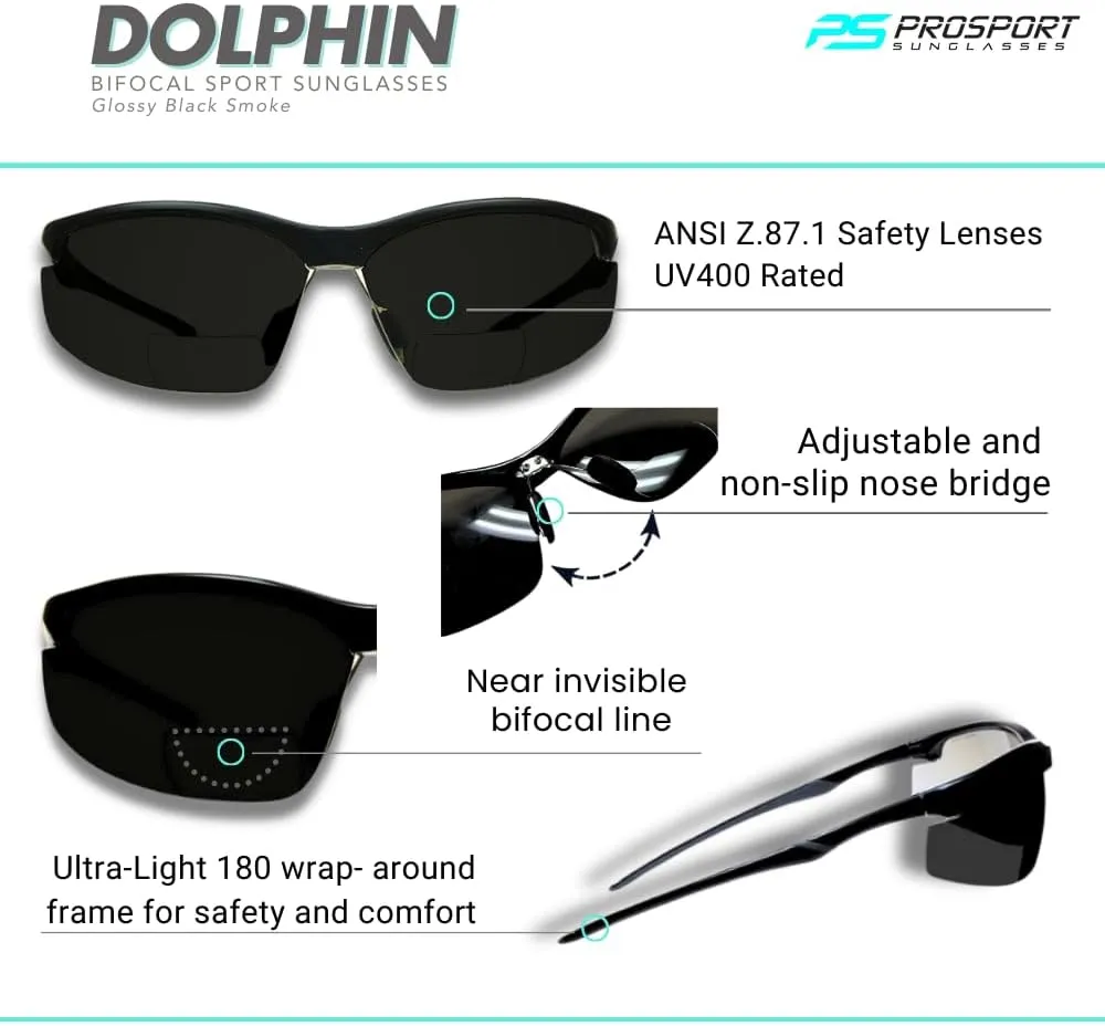 proSPORT Bifocal Sunglass Readers Adjustable Nose Piece ANSI Z87.1 Sport Wrap Cycling Running Golf Fishing Motorcycle