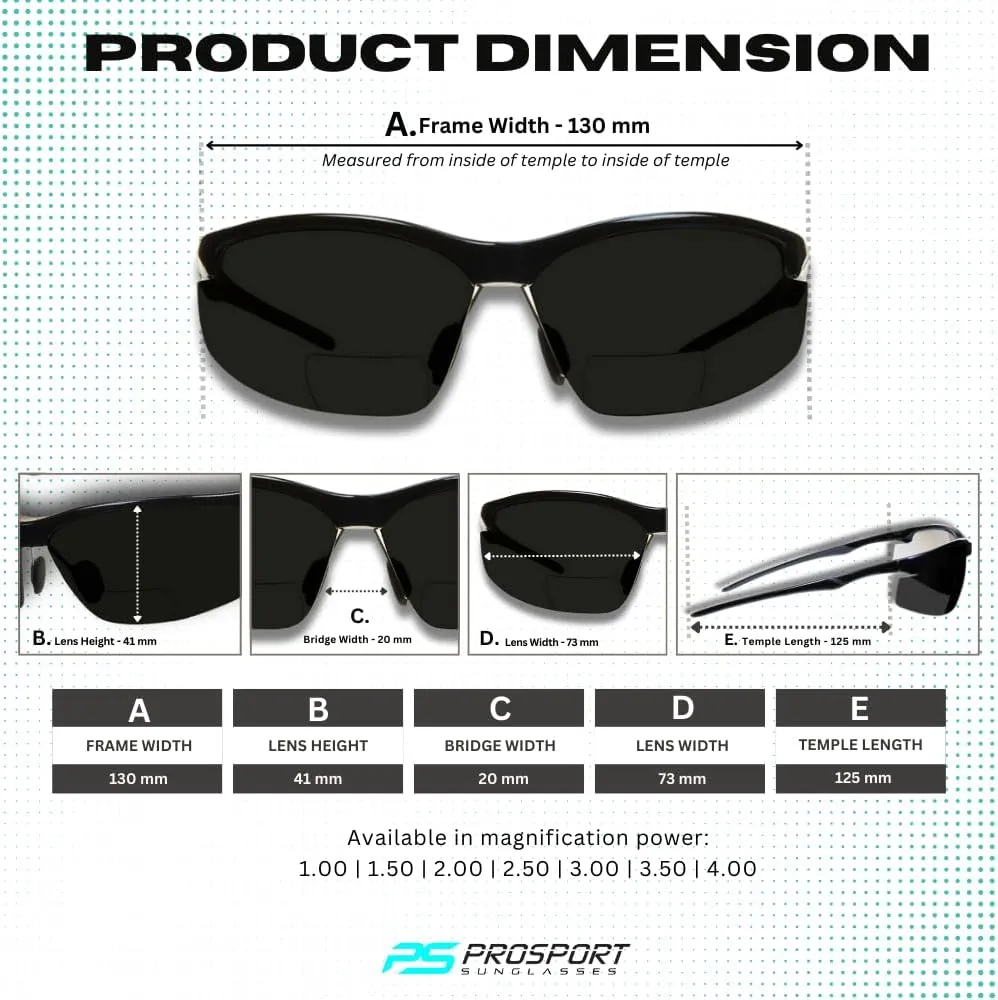 proSPORT Bifocal Sunglass Readers Adjustable Nose Piece ANSI Z87.1 Sport Wrap Cycling Running Golf Fishing Motorcycle
