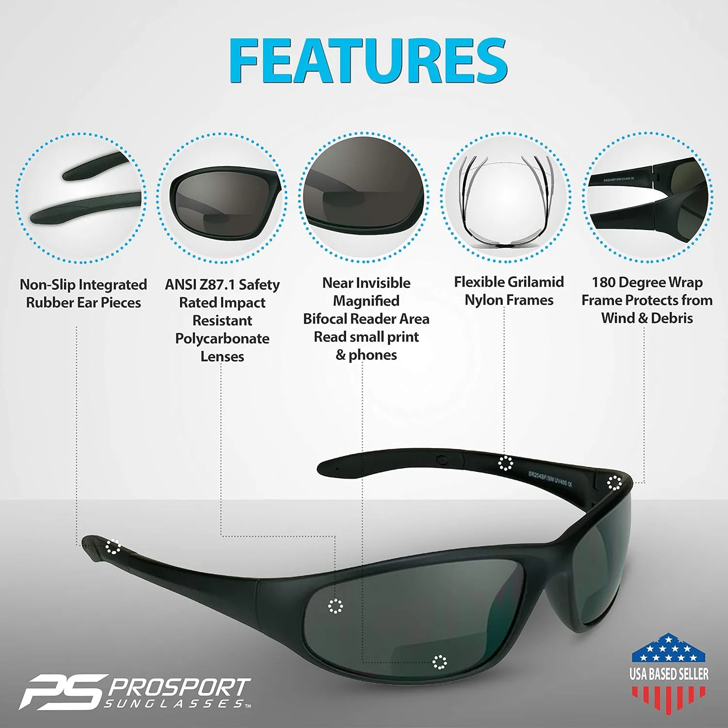 proSPORT Z87.1 Bifocal Safety Sunglasses ANSI for Men Women Readers Sport Wrap Dark Gray Smoke Black  1.50  2.00  2.50  3.00