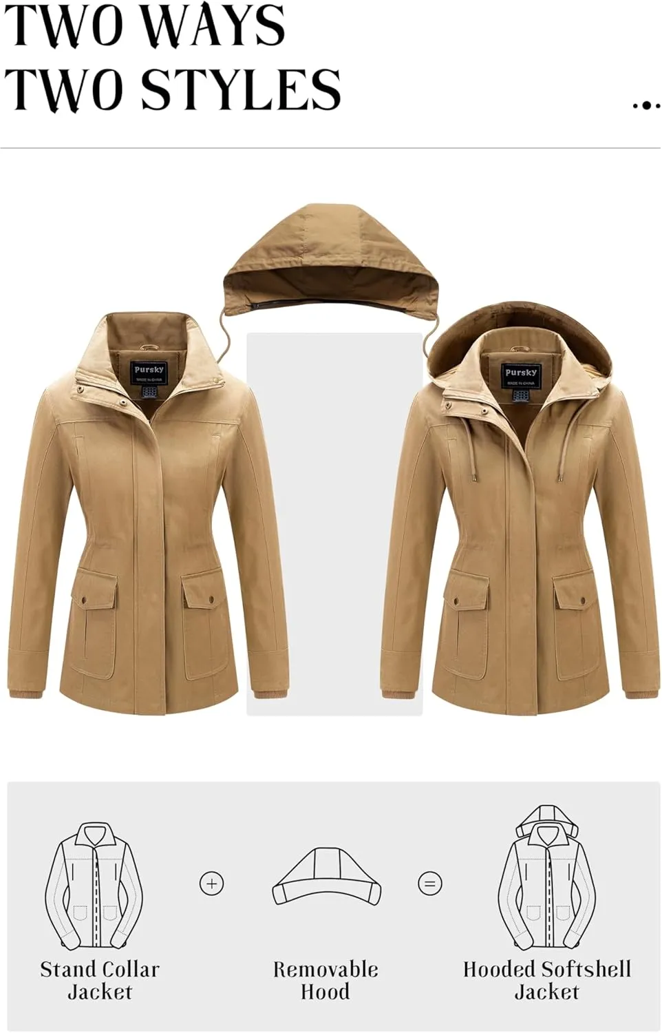 Pursky Women's Cotton Anorak Jacket Lightweight Casual Military Jackets Safari Utility Coats With Removable Hood