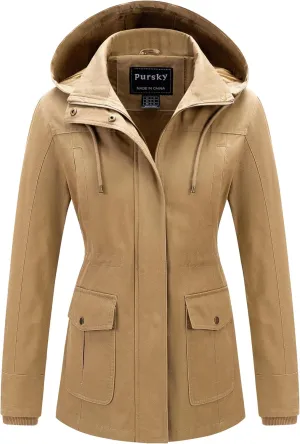 Pursky Women's Cotton Anorak Jacket Lightweight Casual Military Jackets Safari Utility Coats With Removable Hood