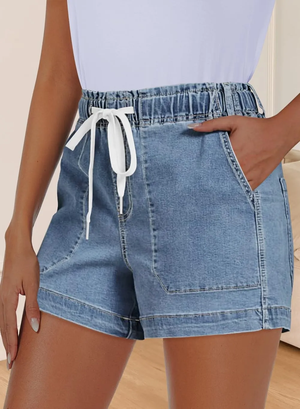 QACOHU Women's 2025 Casual Summer Denim Shorts Mid Waisted Stretchy Ripped Jean Shorts Casual Shorts