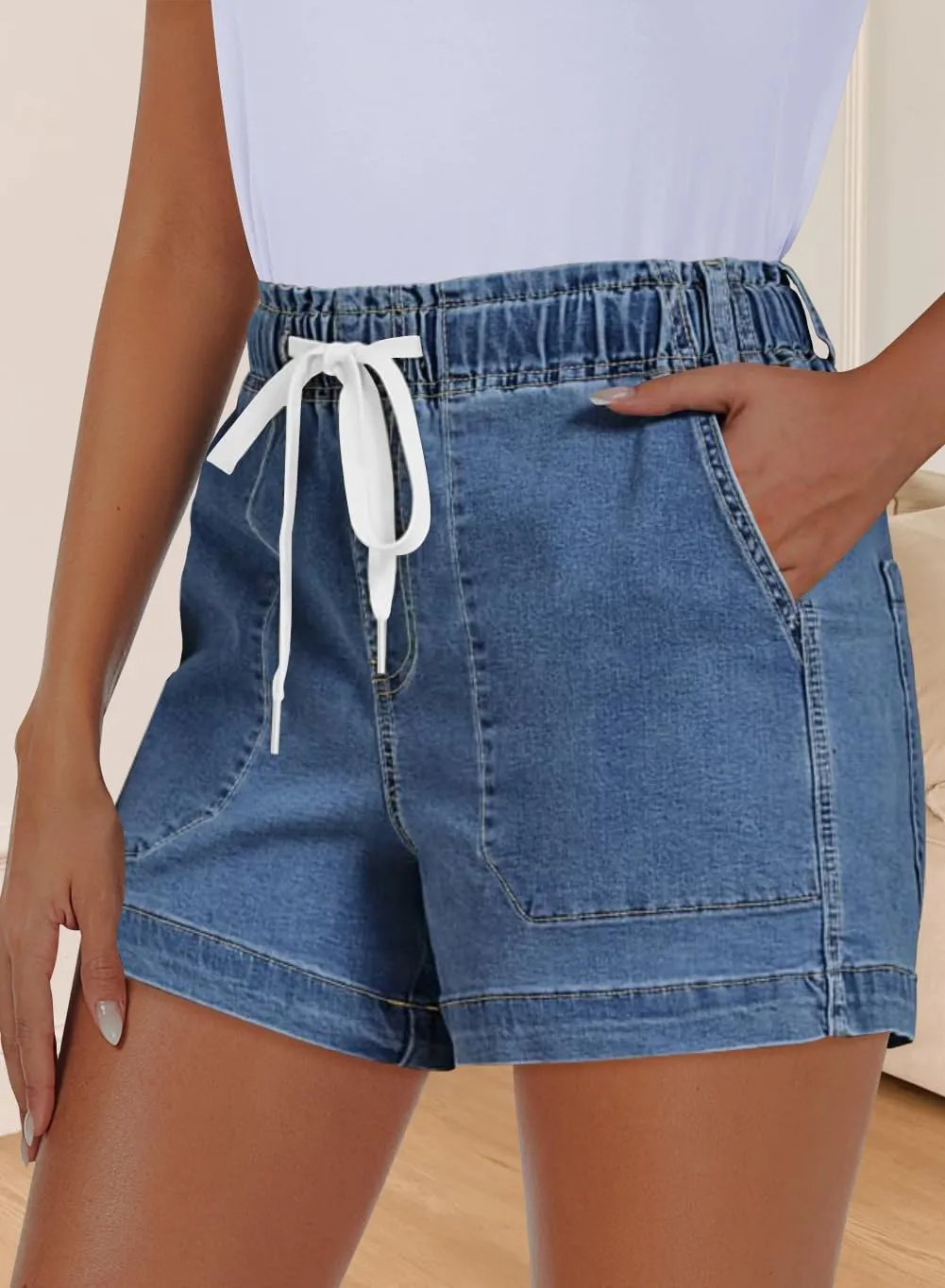 QACOHU Women's 2025 Casual Summer Denim Shorts Mid Waisted Stretchy Ripped Jean Shorts Casual Shorts