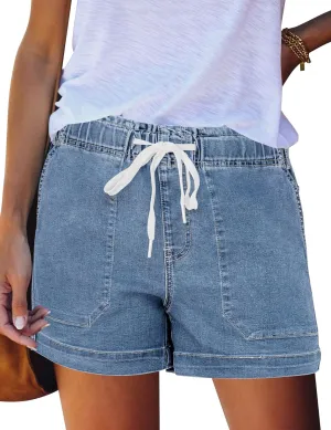 QACOHU Women's 2025 Casual Summer Denim Shorts Mid Waisted Stretchy Ripped Jean Shorts Casual Shorts