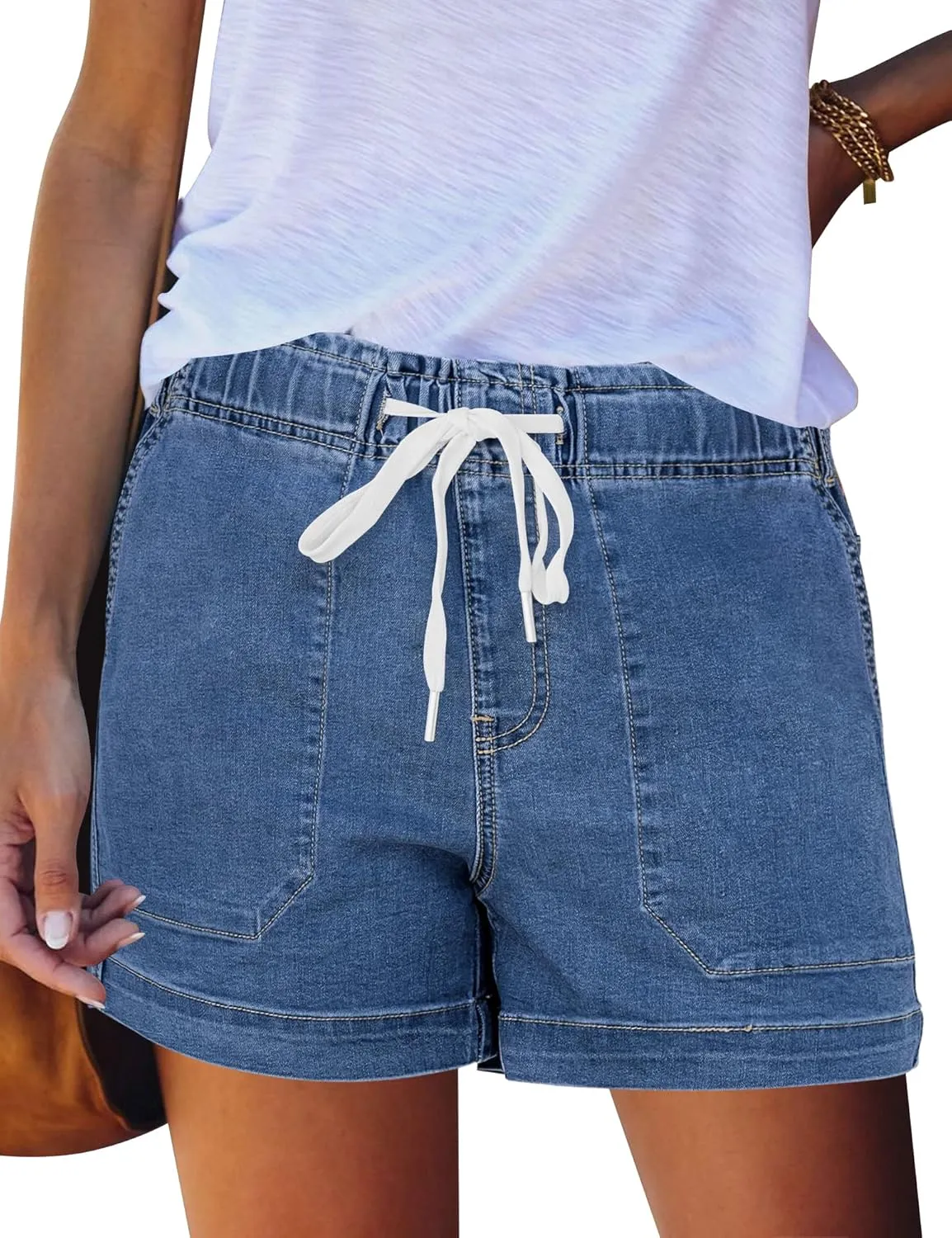 QACOHU Women's 2025 Casual Summer Denim Shorts Mid Waisted Stretchy Ripped Jean Shorts Casual Shorts