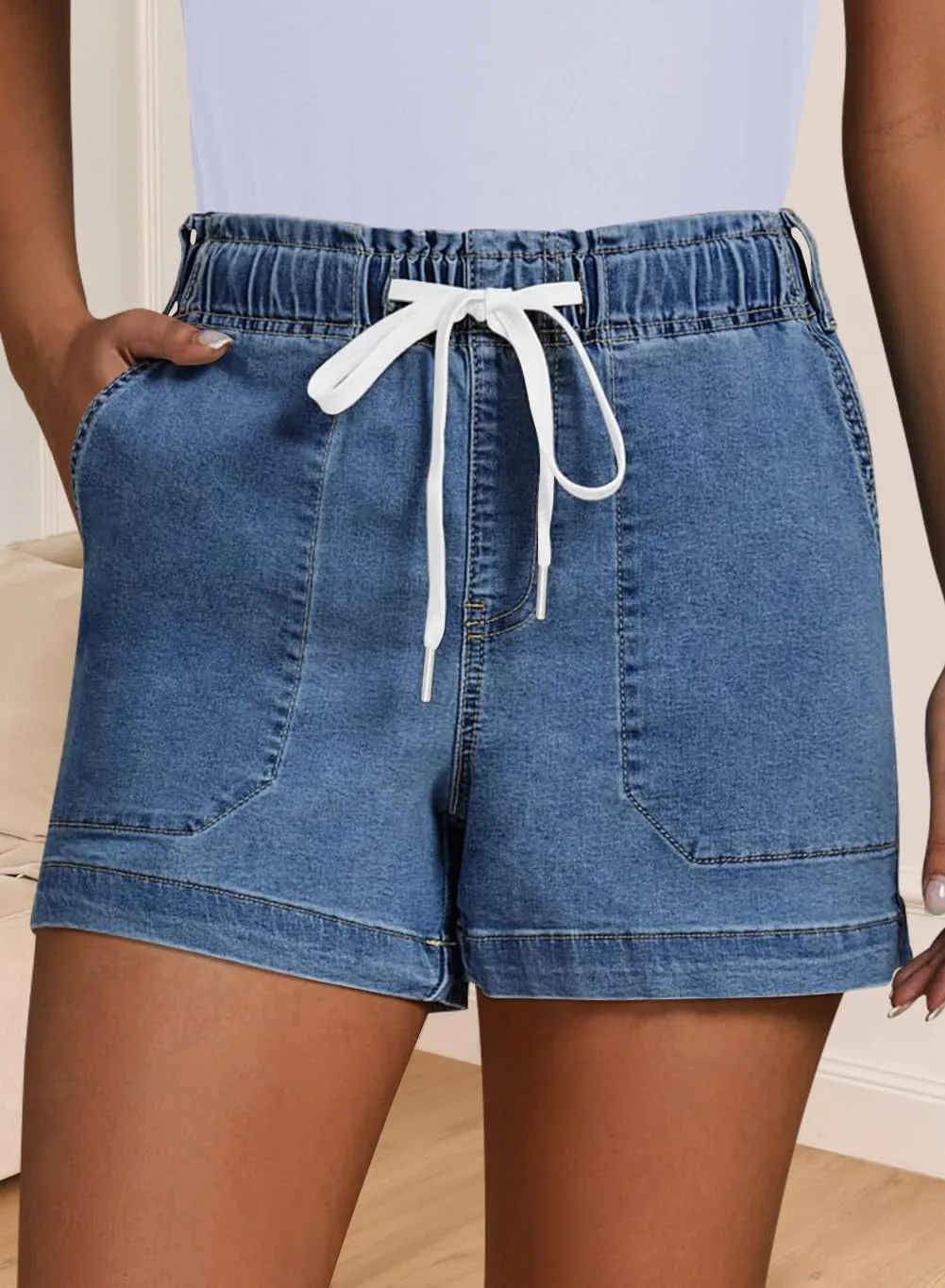 QACOHU Women's 2025 Casual Summer Denim Shorts Mid Waisted Stretchy Ripped Jean Shorts Casual Shorts