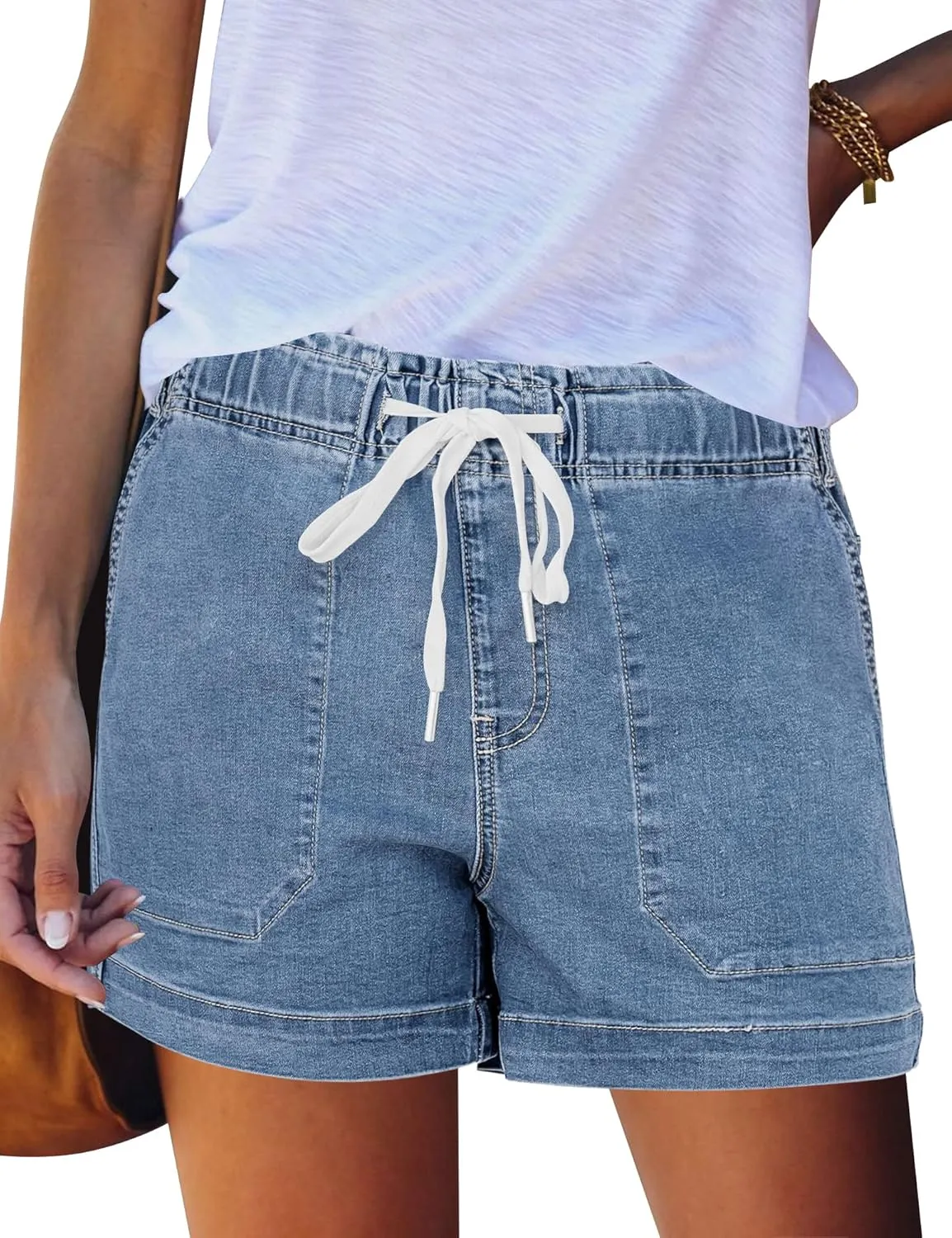 QACOHU Women's 2025 Casual Summer Denim Shorts Mid Waisted Stretchy Ripped Jean Shorts Casual Shorts